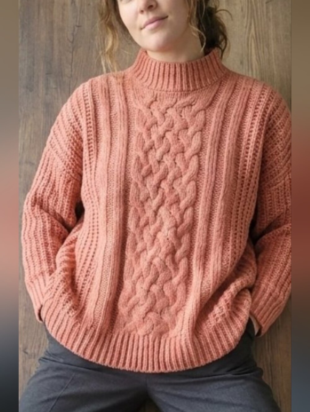 Forever 21 coral pink cable-knit mock neck sweater, Size Large